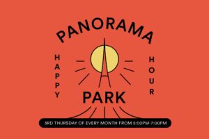 Panorama Park Happy Hour event graphic with stylized sun and tower icon and text noting the third Thursday monthly from 5:00pm to 7:00pm.